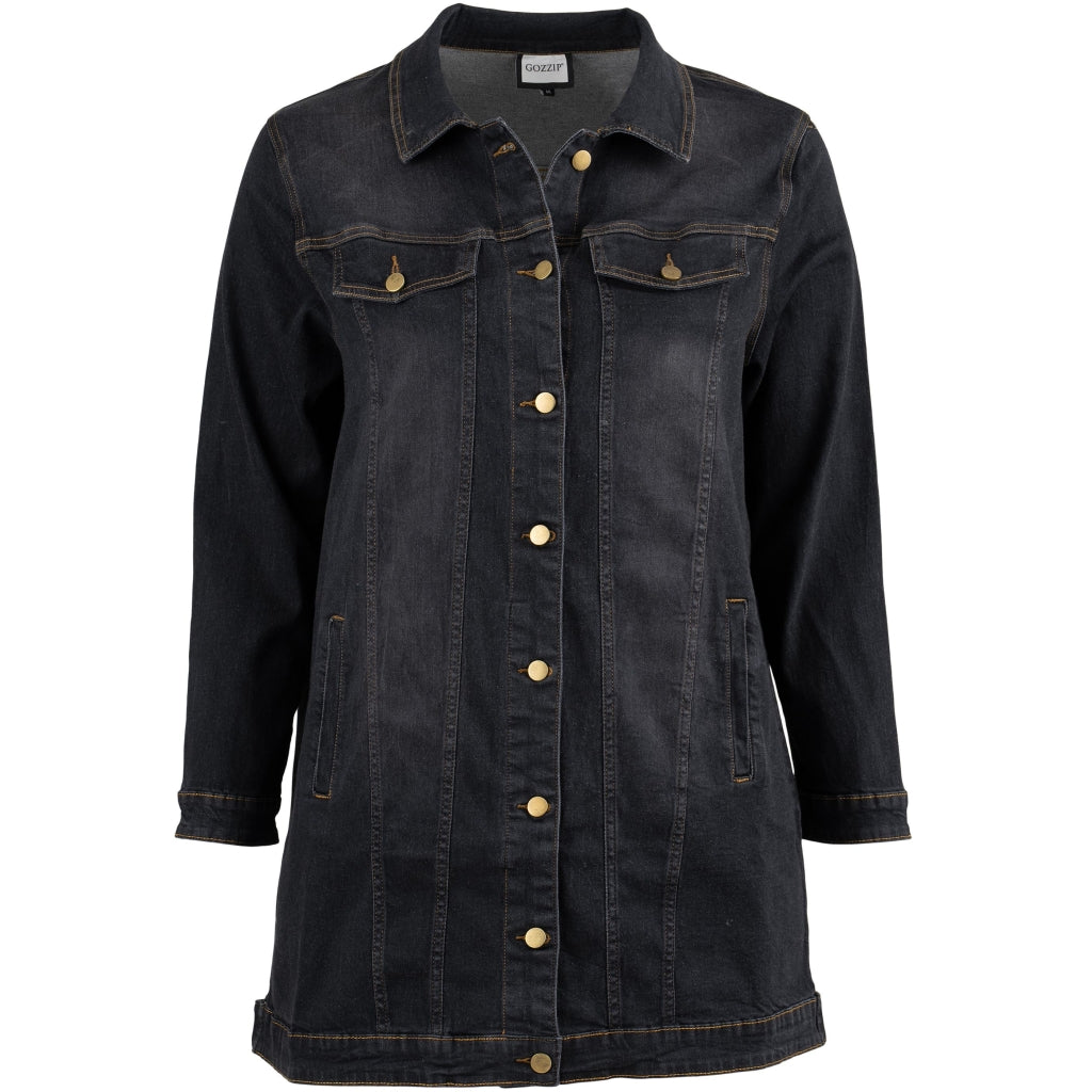 Long dark denim jacket best sale