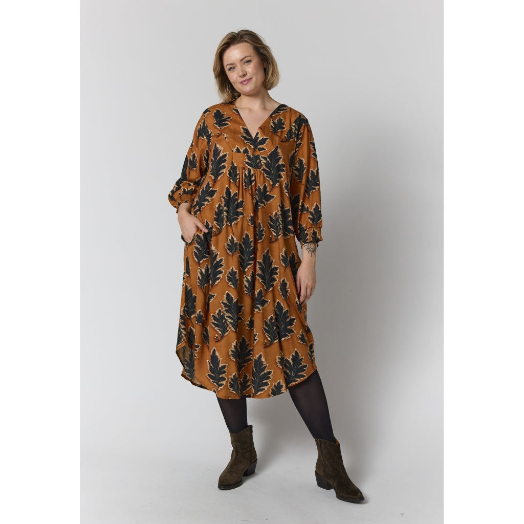 Gozzip Woman GElse Dress Dress Fall orange with black leave