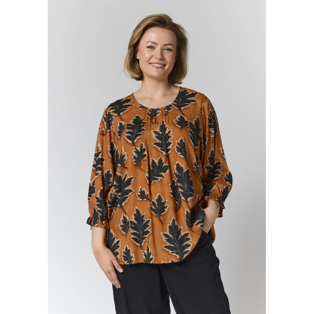 Gozzip Woman GIben Blouse Blouse Fall orange with black leave