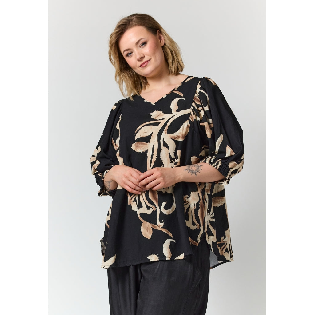 Gozzip Woman GMalou Blouse Blouse Black with offwhite brown leaves