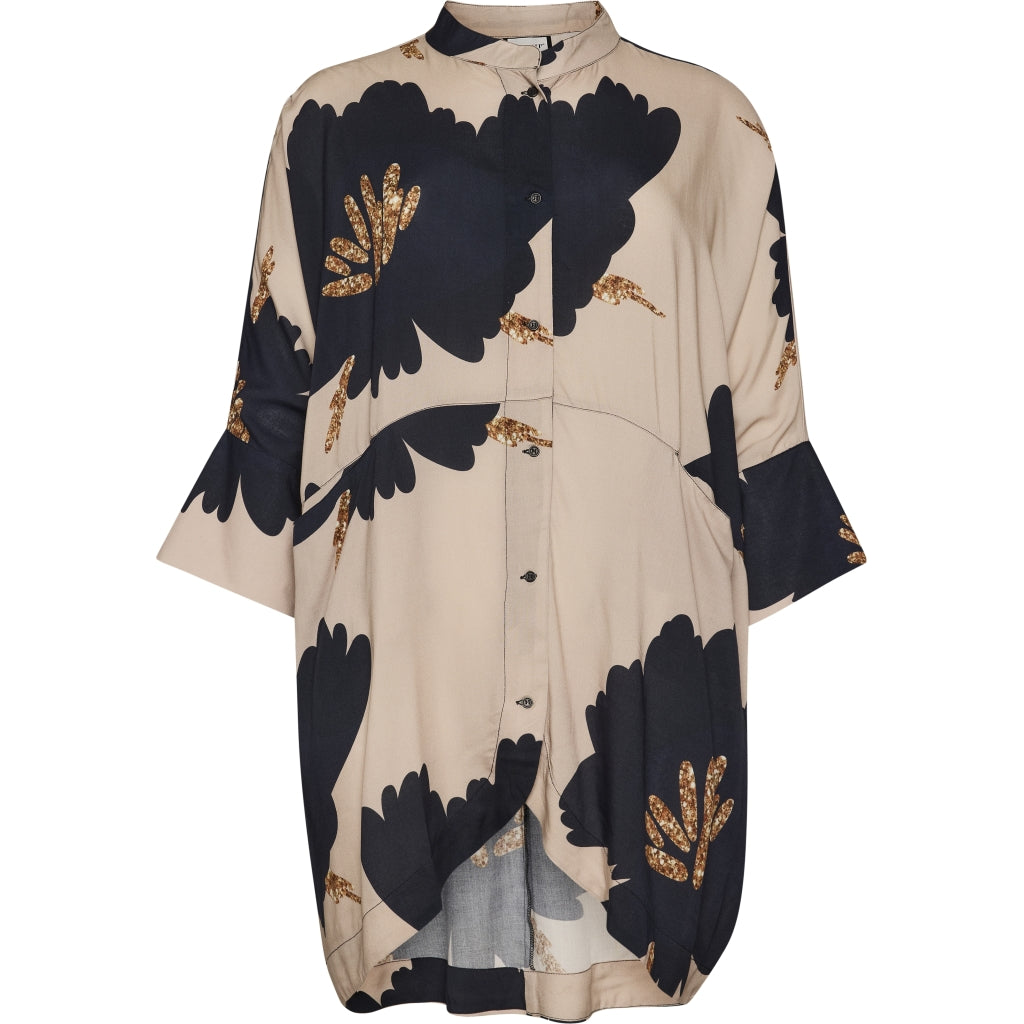 Gozzip Woman GSilje oversized cardigan Cardigan Sand with big black flowers