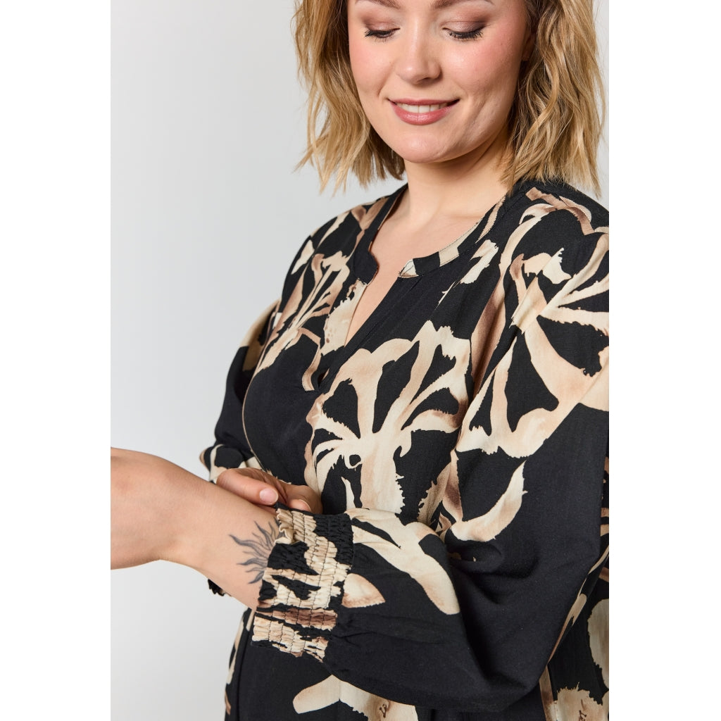 Gozzip Woman GValdis Dress Dress Black with offwhite brown leaves